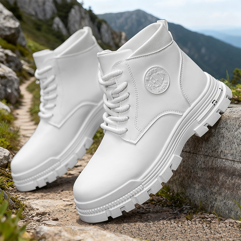 Outdoor Adventure Shoes - Men Solid White Leather Combat Boots,